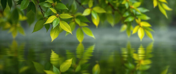 Obraz premium Fresh green leaves reflecting in calm water surface