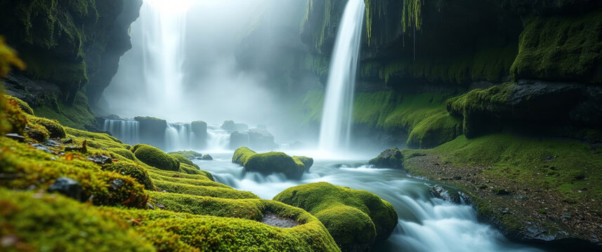 Stunning waterfall flowing through mossy rocks in misty canyon