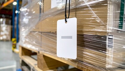 Blank Tag on Shrink-Wrapped Cardboard Boxes in Warehouse