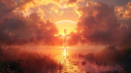 Peaceful Cross Scene At Golden Hour With Rainbow And Flowers high resolution photo