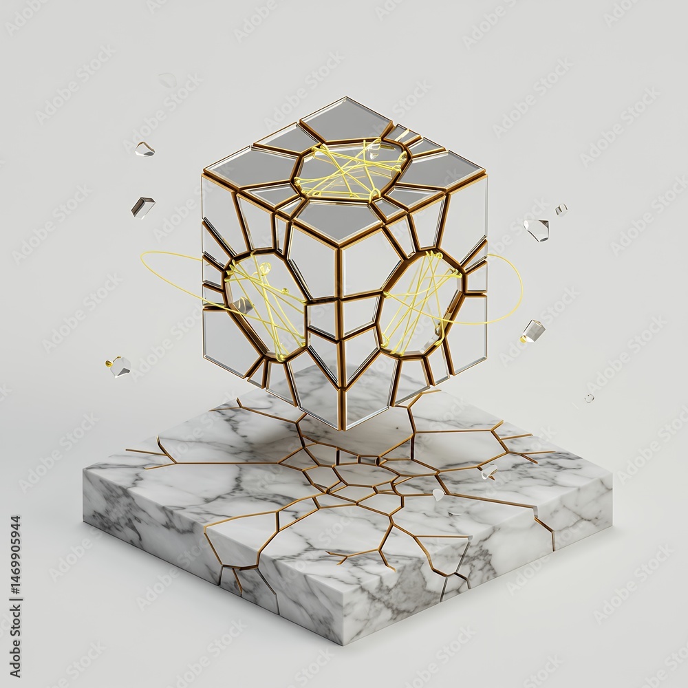 Poster abstract geometric cube structure with marble base and gold lines in a modern 3d rendering on white 