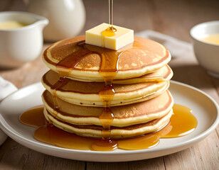 Stack Of Pancakes Drizzled With Syrup And Butter