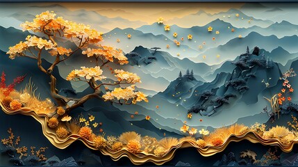 Radiant Golden Tree Gracing A Serene Layered Mountain Scene High Resolution Photo