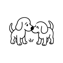 Two dogs meeting with curious sniffs, tails wagging, captured in friendly and welcoming poses.