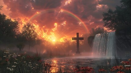 Radiant Sunset Behind Glowing Cross Fountain Surrounded By Nature high resolution photo