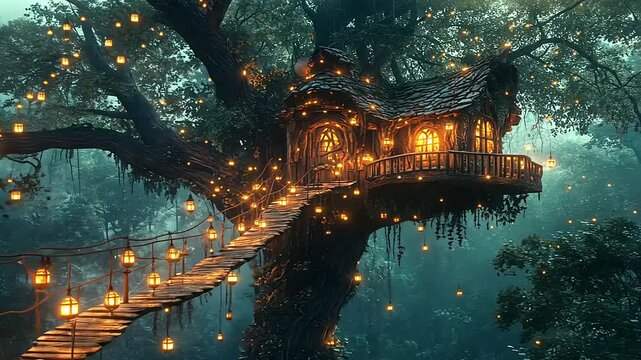 Enchanted treehouse illuminated at dusk, surrounded by glowing lanterns in a mystical forest
