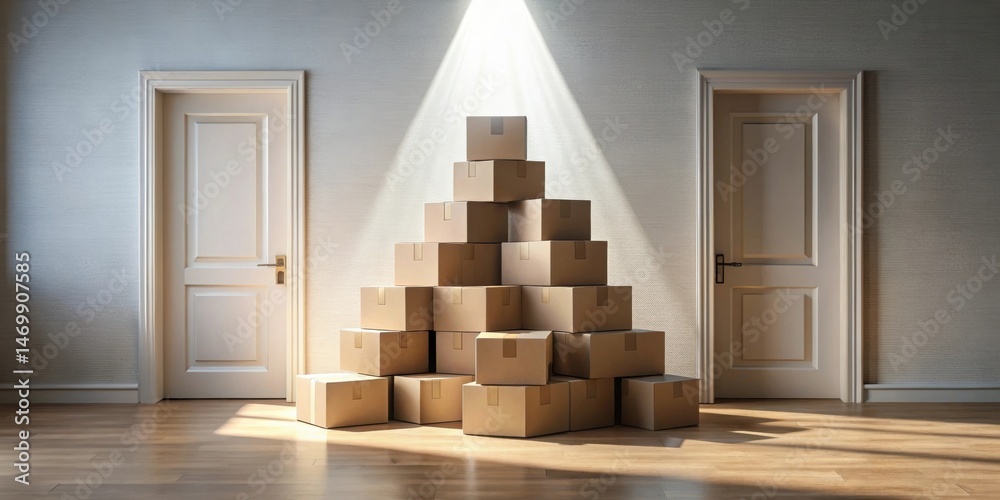 Aufkleber sunlit room with stack of cardboard boxes flanked by closed doors ready for relocation or new beginn