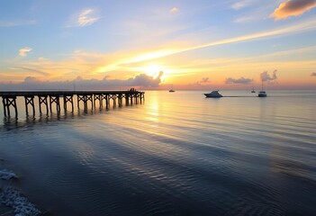Sunrise over Fort Pierce Inlet, fishing pier, calm ocean, boats, summer, coast