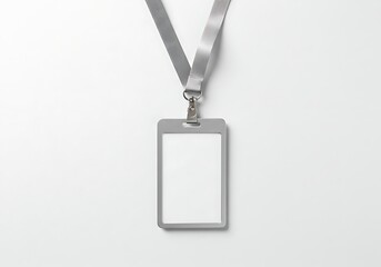 Silver name tag badge identification card mockup with lanyard on white background