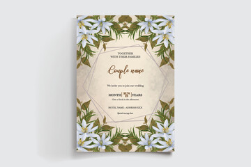 WEDDING INVITATION FRAME WITH FLOWER DECORATIONS AND FRESH LEAVES