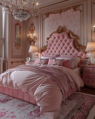 Romantic pink royal bedroom featuring tufted upholstery and elegant crystal lights high resolution photo