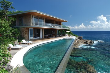 Serene vacation house on rocky coastline with private infinity pool high resolution photo