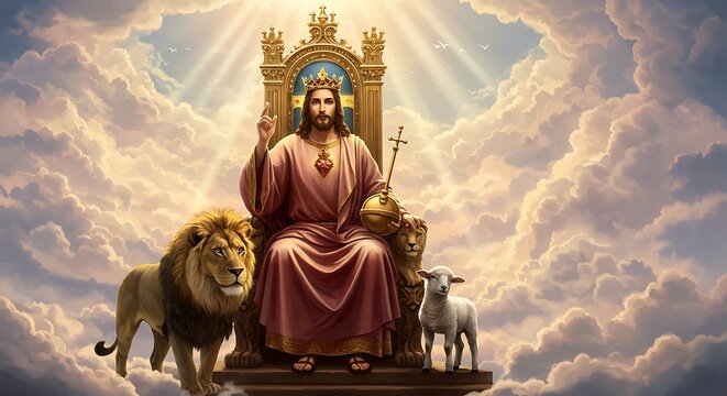 Christ the King in Glory This image portrays Jesus Christ as the eternal king of kings and lord of lords, ruling with justice and love in the divine kingdom.