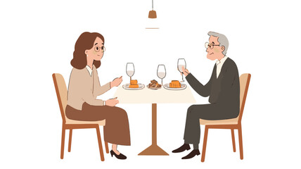 Illustration Of A Senior Couple Enjoying Dessert And Wine At A Restaurant