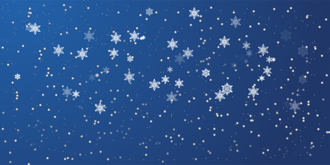 Magical heavy snow flakes backdrop. Snowstorm speck ice particles. Snowfall sky white teal blue wallpaper. Rime snowflakes february vector on dark blue background