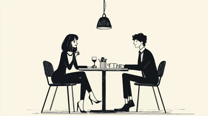 Elegant Couple Dining In Minimalist Restaurant Illustration Black And White Line Art Style For Romance And Special Occasions