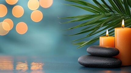 Spa scene with two lit orange candles, black stones, and palm leaves on a teal background with bokeh lights. Relaxing and serene atmosphere