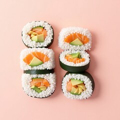 Delicious salmon avocado sushi rolls arranged on a pink background showcasing fresh ingredients and vibrant colors perfect for food blogs websites and culinary publications