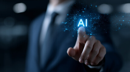 A businessman activating an artificial intelligence digital interface with the touch of a finger. Close-up of a businessman pressing a virtual “AI” interface in a futuristic digital environment