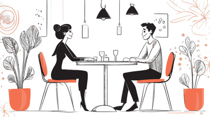 Elegant Couple Enjoying Dinner At Restaurant Drawn In Sketch Style With Plants