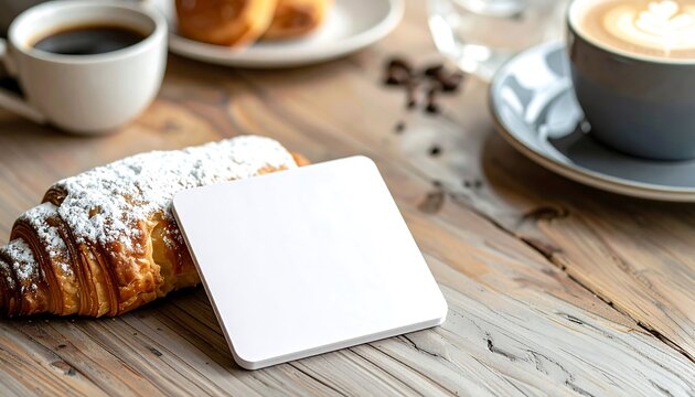 Blank Coasters Mockup with Coffee and Croissant on Wooden Table