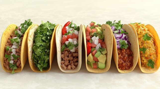 Delicious assorted tacos, kitchen counter, food photography, menu design