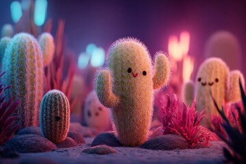 A delightful cartoon scene features smiling cacti with vibrant neon colors in a dreamy desert setting.