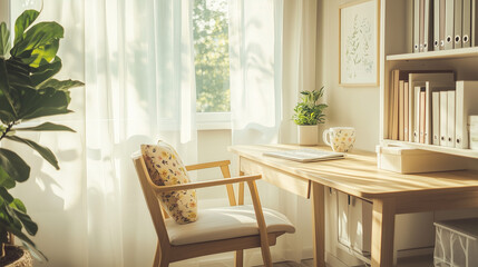 cozy study corner interior design with soft yellow floral decoration