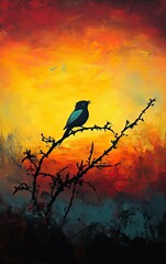 Bird is perched on a branch in a painting of a sunset. The painting has a warm, orange