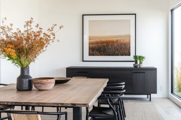Modern dining room with large art piece and natural elements.  A light-filled space features a light wooden table, black chairs, and a dark sideboard. Dried plants and pottery add warmth
