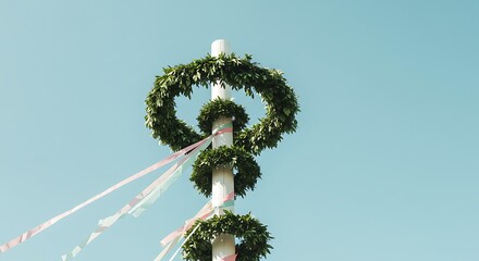 Obraz premium Maypole decorated with wreaths and pastel ribbons against a pastel sky