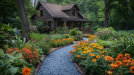 Vibrant Summer Garden With Bright Blooming Flowers And Wooden Cottage View high resolution photo