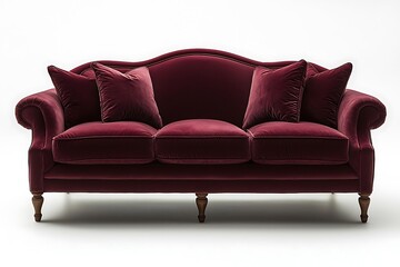 Vintage inspired red camelback couch in plush velvet with curved silhouette high resolution photo