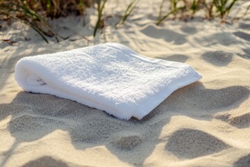 Folded white towel on sandy beach (2)
