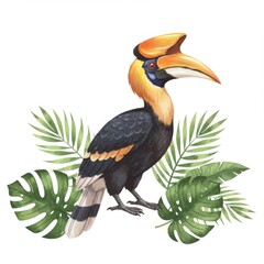 Fototapeta premium Watercolor Hornbill Painting with Tropical Leaves