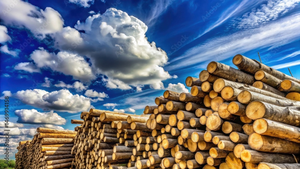 Poster stack of timber under a vivid sky with puffy clouds