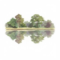 Watercolor Landscape Painting of Trees Reflecting in a Calm Lake