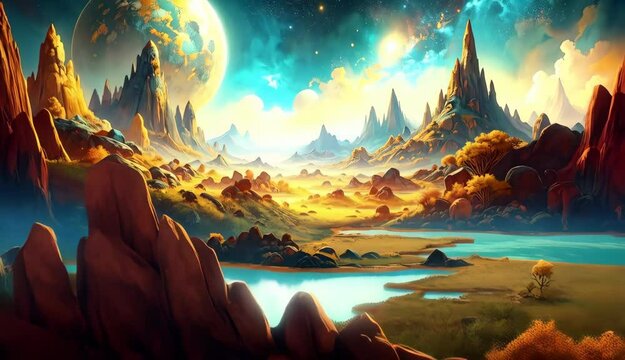 Fantasy Landscape with Mountains River and Planets A Surreal Alien World Digital Art