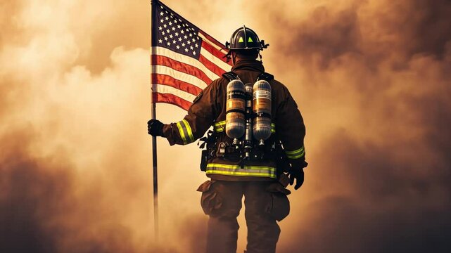 Heroic Firefighter Holding the Flag: A firefighter stands proudly amidst a hazy backdrop, the star-spangled banner of the United States clutched in his hand.