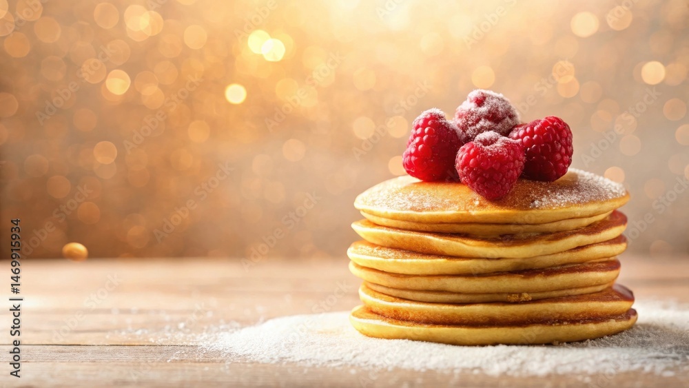 Poster a delightful stack of buttery pancakes topped with sweet raspberries and powdered sugar on a wooden 
