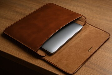 Brown Leather Laptop Case for Elegant Office Setup