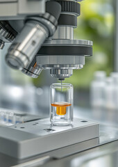 Microscope focusing on laboratory vial science lab high-tech equipment clear environment close-up view research innovation