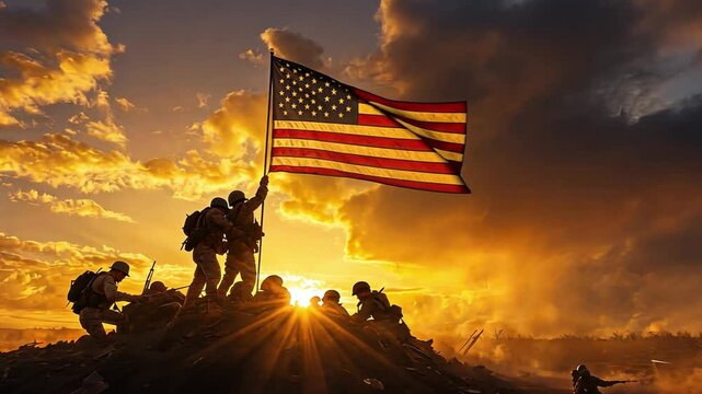 United States Flag Atop Hill: A majestic depiction of courageous soldiers, silhouetted against a glorious sunset, raising the American flag high, symbolizing honor and valor.
