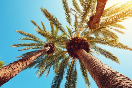 Two tall green palm trees standing side by side against a clear blue sky during daytime.