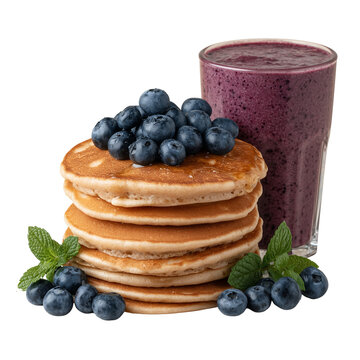 Freshly stacked pancakes topped with blueberries alongside a refreshing berry smoothie at a breakfast table