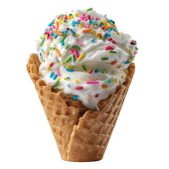 Delightful ice cream cone topped with fluffy whipped cream and colorful sprinkles in a summer setting