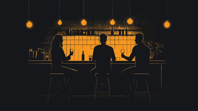 People Enjoying Drinks At A Bar Silhouette Illustration With Dim Lighting And Cozy Atmosphere