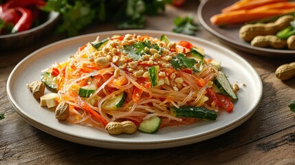 A colorful Vietnamese chicken salad with glass noodles, peanuts, carrots, and cucumbers is presented on a white plate ready to be enjoyed on a wooden table.
