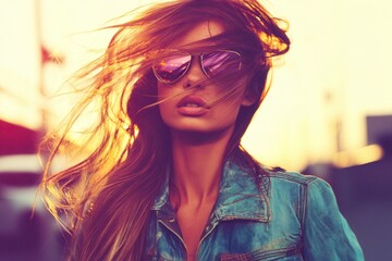 Young woman wearing a hijab, sunglasses, and denim jacket walking on a sunny city street.