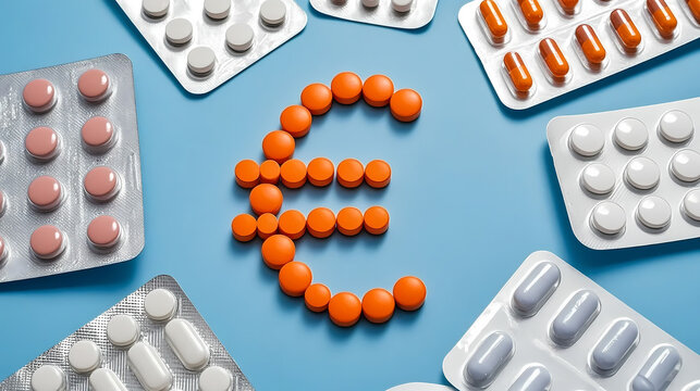The arrangement of pills into currency symbols reflects drug prices and medical costs, and is used for medical economic analysis and drug pricing discussions.
